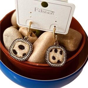 Cute & Trendy Faux Fur Cheeta Print & Rhinestone Fashion Drop Earrings 1.15"